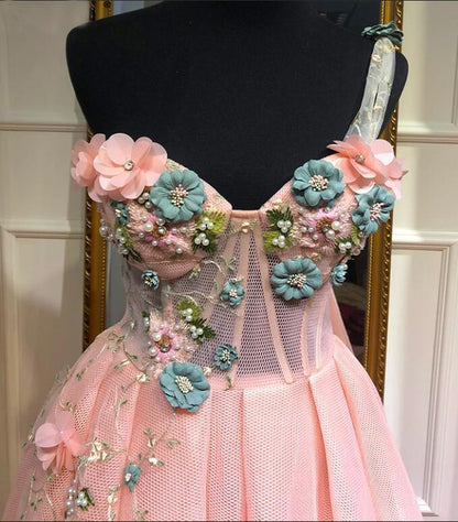 Vestidos de fiesta únicos de un solo hombro en color rosa con apliques y escote corazón, vestidos de noche largos 