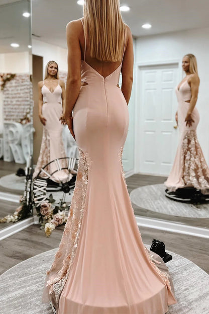 Unique Pink Lace Satin Mermaid Long Prom Dresses V Neck Evening Dresses