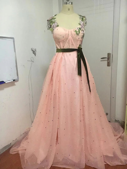Unique Sweetheart Spaghetti Straps Prom Dresses with Flowers Pockets