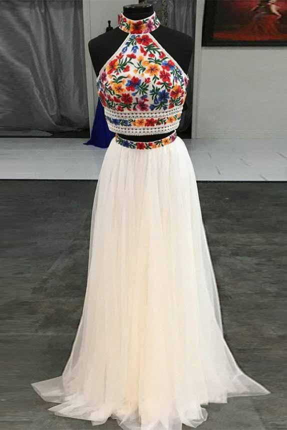Vestidos de fiesta de tul con cuello alto y espalda abierta, bordados, dos piezas únicas, vestidos de noche 