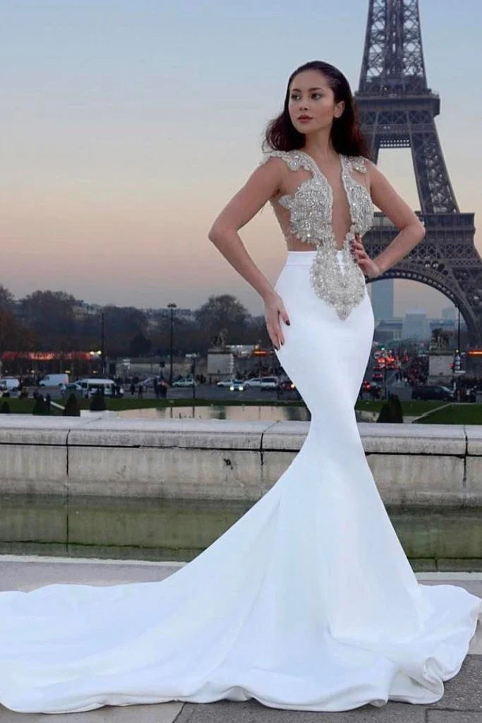 Vestidos de fiesta con escote en V, corpiño con cuentas, corte sirena, cola larga, satén 