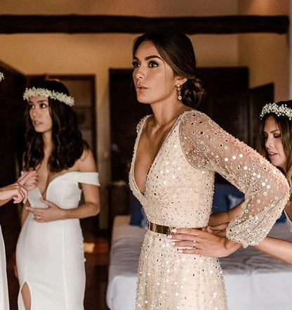 Vestido de novia dorado con escote en V y cuentas, con espalda en V y manga larga para fiesta 
