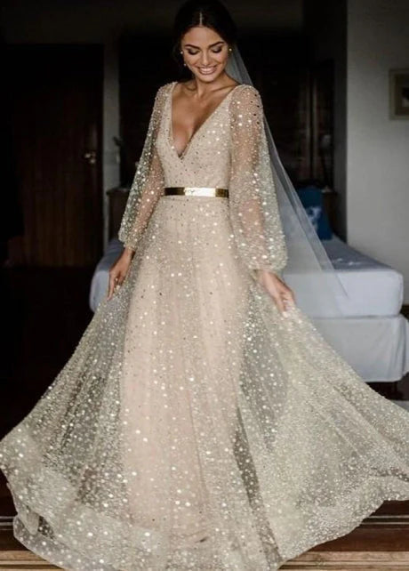Vestido de novia dorado con escote en V y cuentas, con espalda en V y manga larga para fiesta 