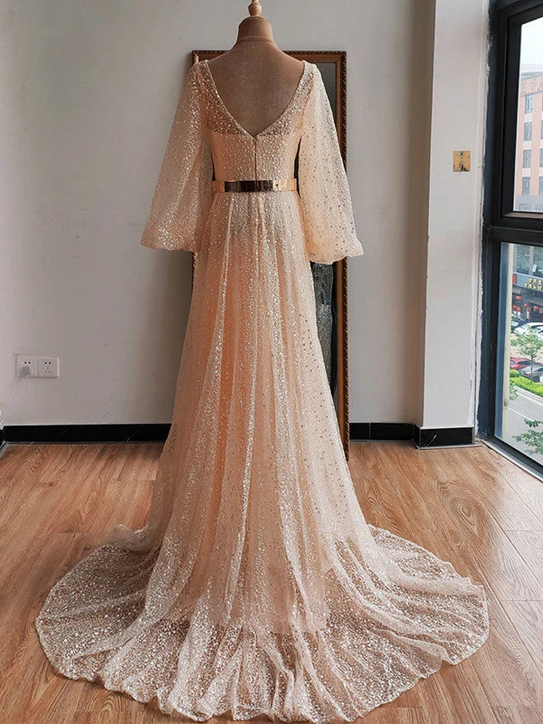 Vestido de novia dorado con escote en V y cuentas, con espalda en V y manga larga para fiesta 
