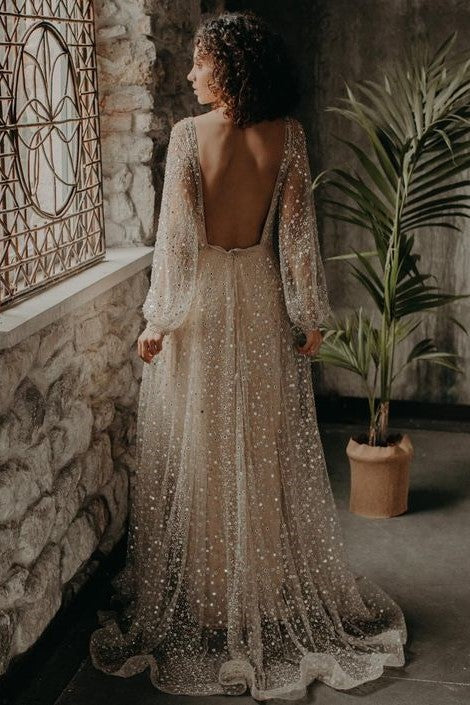 Vestido de novia dorado con escote en V y cuentas, con espalda en V y manga larga para fiesta 