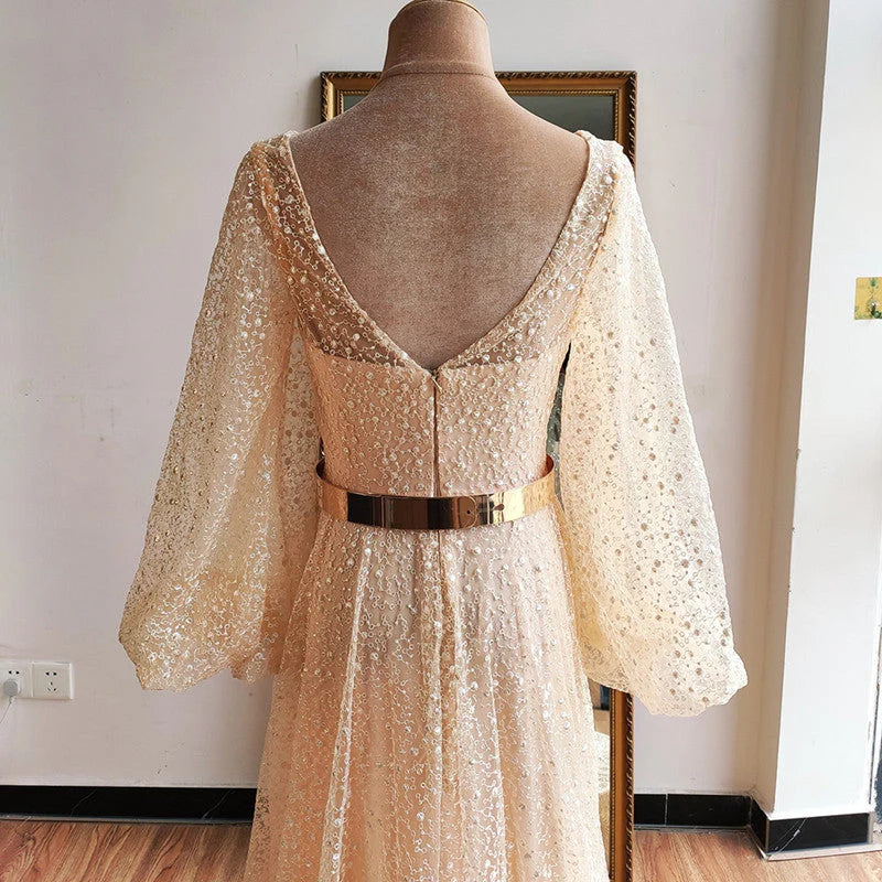 Vestido de novia dorado con escote en V y cuentas, con espalda en V y manga larga para fiesta 