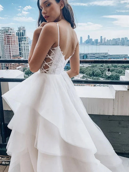 V Neck Lace Top Spaghetti Straps Wedding Dresses