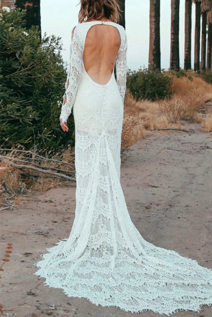 V Neck Long Sleeves With Applique Mermaid Wedding Dresses