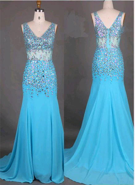 Vestidos de fiesta con escote en V y corpiño de cuentas tipo columna 