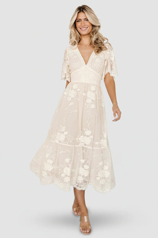 V-Neck Short Flutter Sleeve Floral Embroidered Lace Tiered Midi Prom Dresses (Ivory Cream)