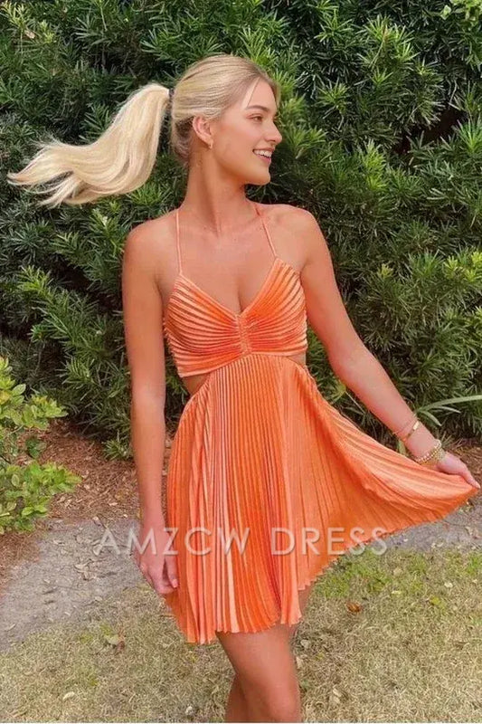 Amzcw Elegant V-Neck Spaghetti Straps Pleated Short Party Homecoming Dress formal wear dresses