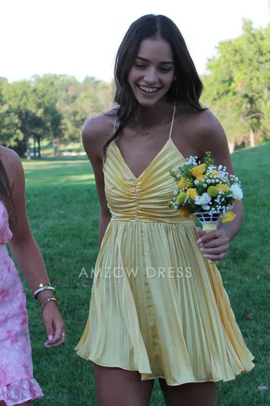 Amzcw Elegant V-Neck Spaghetti Straps Pleated Short Party Homecoming Dress formal wear dresses