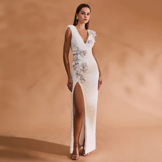 V Neck 3D Floral Appliqué High Slit Full Sequin White Mermaid Maxi Dress