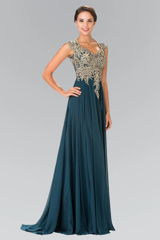 V Neck Burgundy Chiffon Evening Dresses with Gold Beaded Bodice and Floor-Length Train
