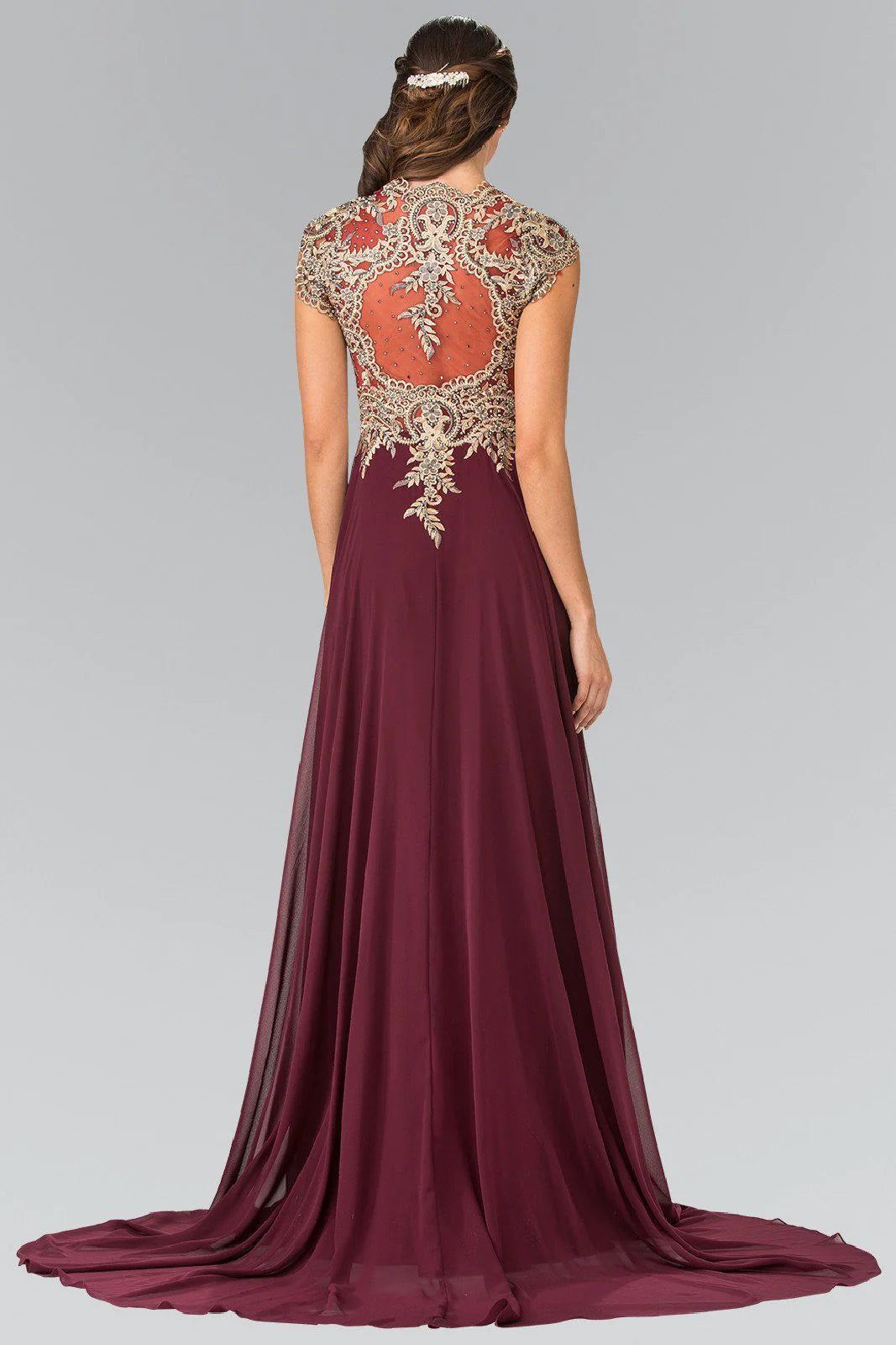 V Neck Burgundy Chiffon Evening Dresses with Gold Beaded Bodice and Floor-Length Train