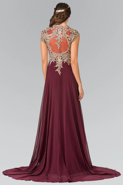 V Neck Burgundy Chiffon Evening Dresses with Gold Beaded Bodice and Floor-Length Train