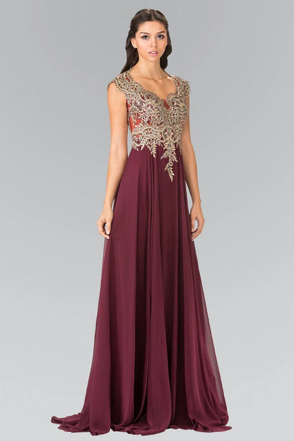 V Neck Burgundy Chiffon Evening Dresses with Gold Beaded Bodice and Floor-Length Train