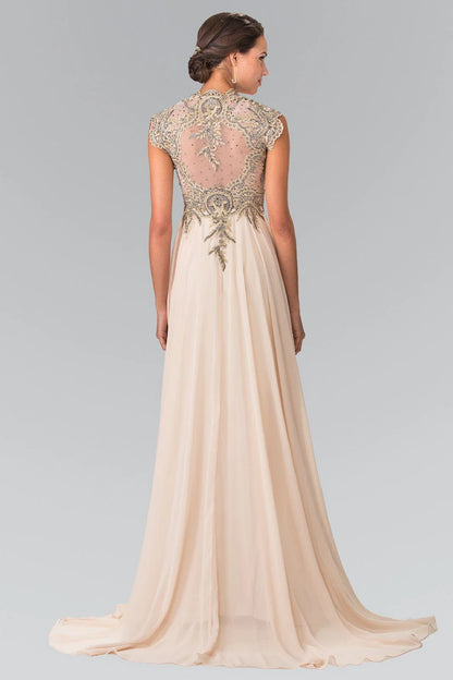V Neck Burgundy Chiffon Evening Dresses with Gold Beaded Bodice and Floor-Length Train