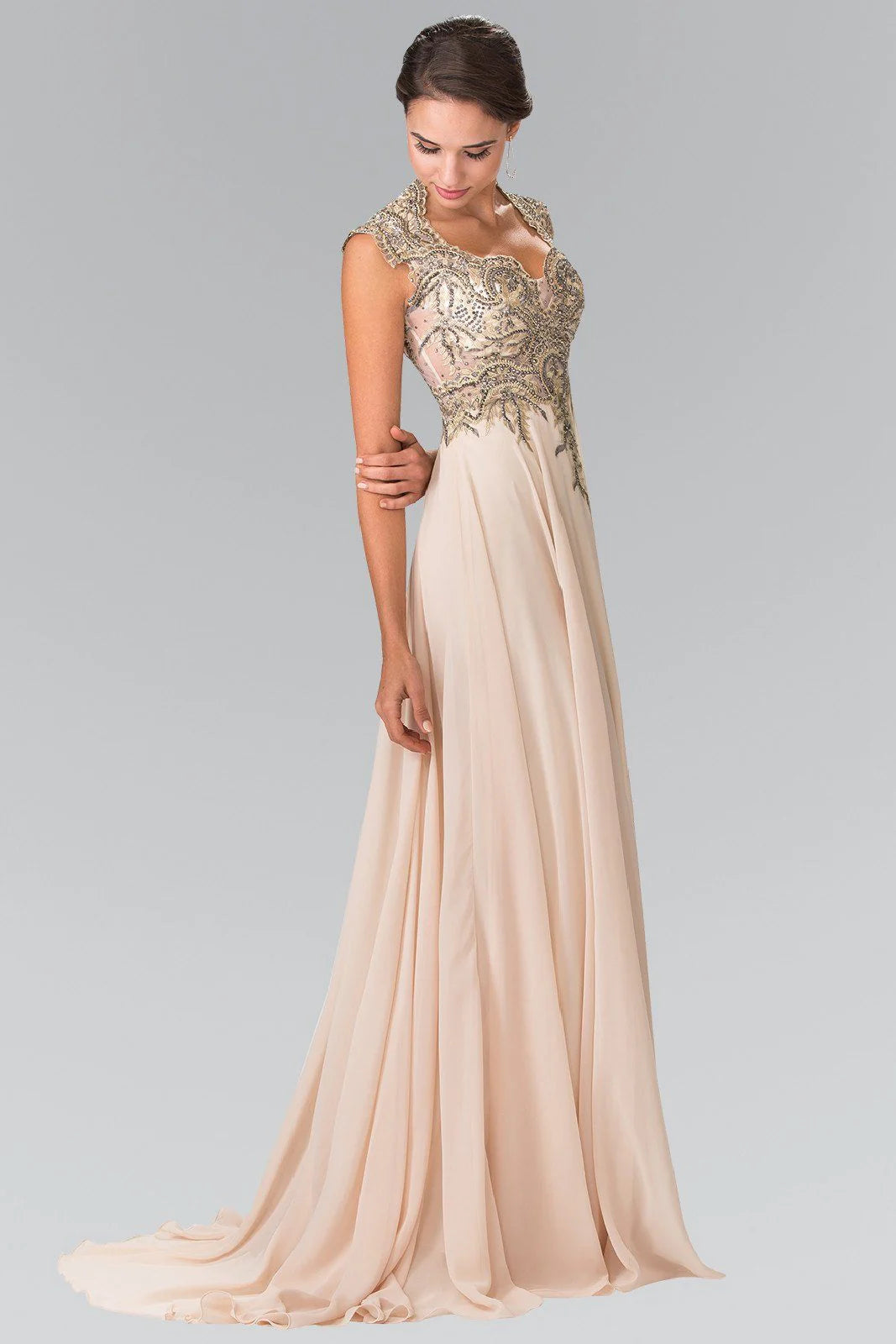V Neck Burgundy Chiffon Evening Dresses with Gold Beaded Bodice and Floor-Length Train