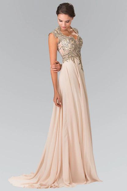 V Neck Burgundy Chiffon Evening Dresses with Gold Beaded Bodice and Floor-Length Train