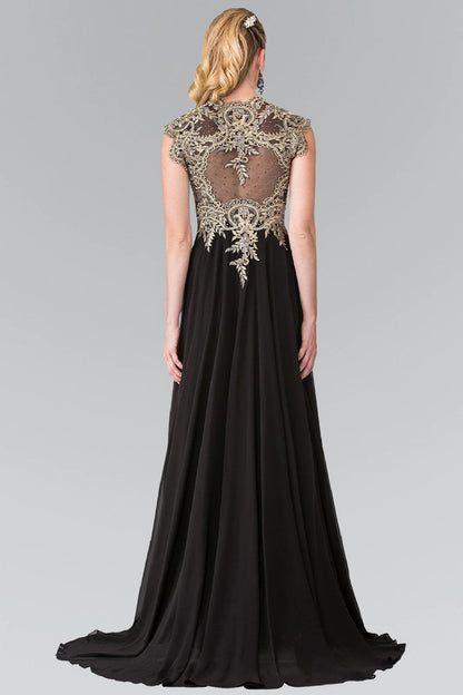 V Neck Burgundy Chiffon Evening Dresses with Gold Beaded Bodice and Floor-Length Train