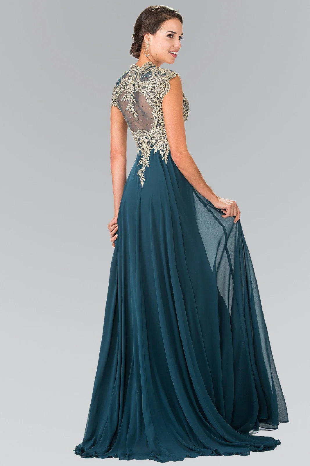 V Neck Burgundy Chiffon Evening Dresses with Gold Beaded Bodice and Floor-Length Train