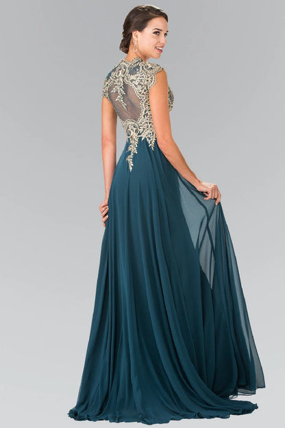 V Neck Burgundy Chiffon Evening Dresses with Gold Beaded Bodice and Floor-Length Train