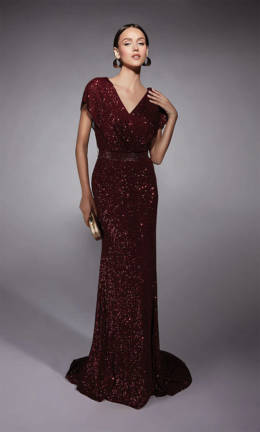 V Neck Cap Sleeve Low Back Full Sequin Burgundy Mermaid Chapel Train Prom Dresses