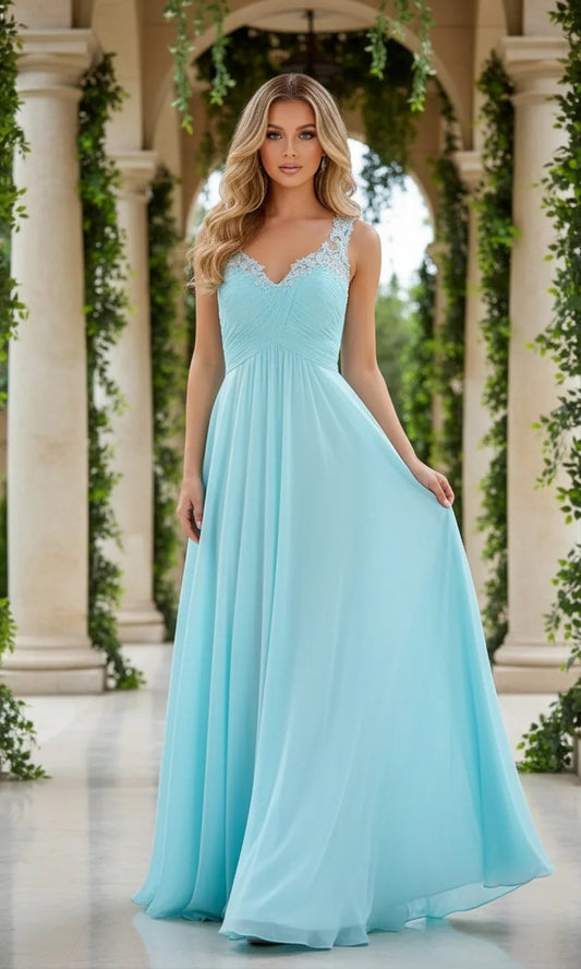V Neck Lace Appliqué Open Back Ruched Bodice Sky Blue Chiffon A Line Floor Length Prom Dresses