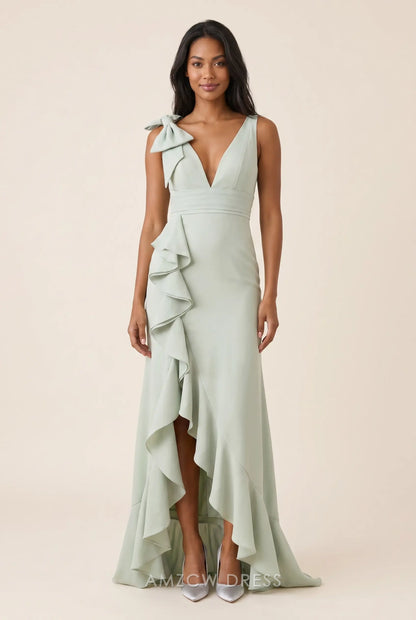 V Neck Sleeveless Bow Detail Asymmetrical Ruffle High Slit Floor Length Chiffon Prom Dress