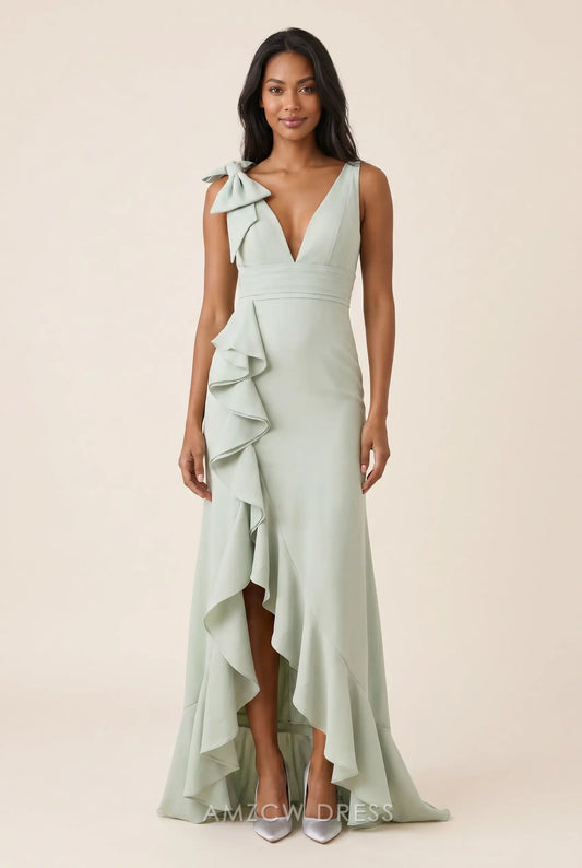 V Neck Sleeveless Bow Detail Asymmetrical Ruffle High Slit Floor Length Chiffon Prom Dress