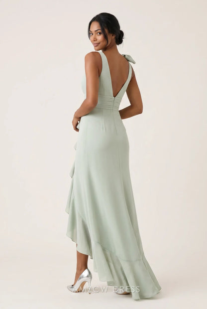V Neck Sleeveless Bow Detail Asymmetrical Ruffle High Slit Floor Length Chiffon Prom Dress