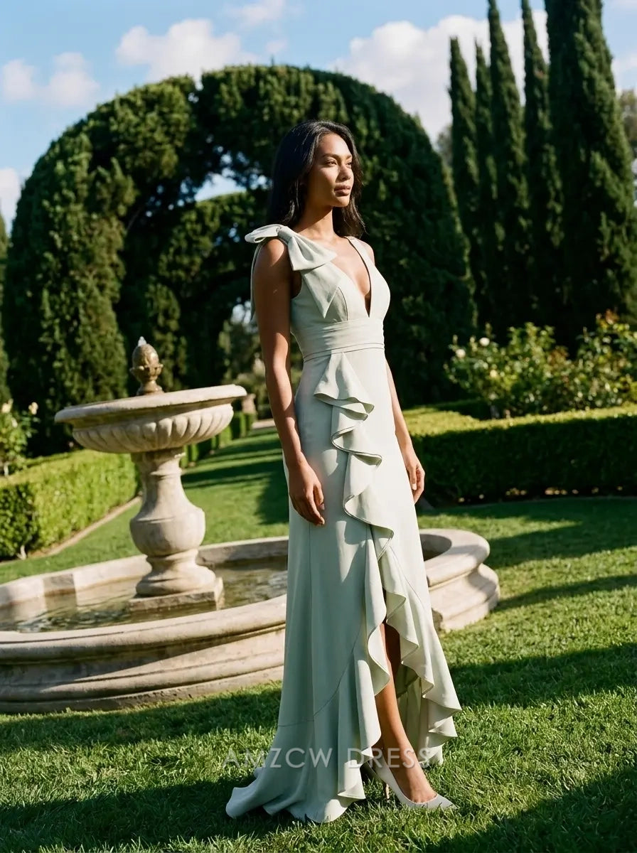 V Neck Sleeveless Bow Detail Asymmetrical Ruffle High Slit Floor Length Chiffon Prom Dress