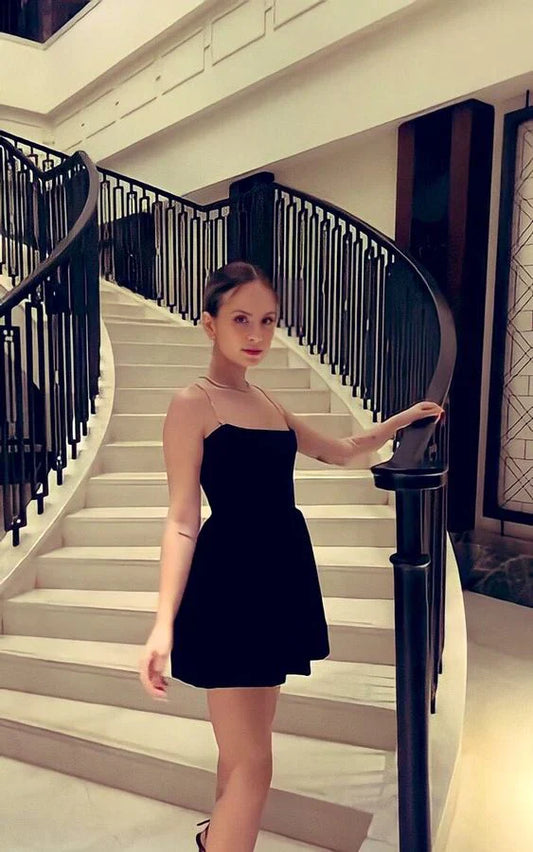 Velvet Beaded-Strap Square-Neck Fit-and-Flare Mini Prom Dress