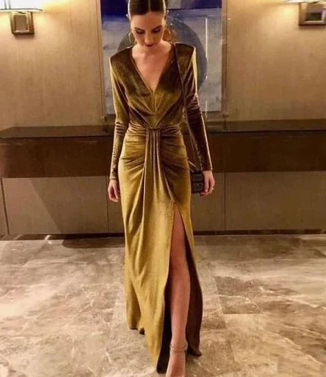 Velvet Deep-V Long-Sleeve Ruched High-Slit Floor-Length Prom Dress