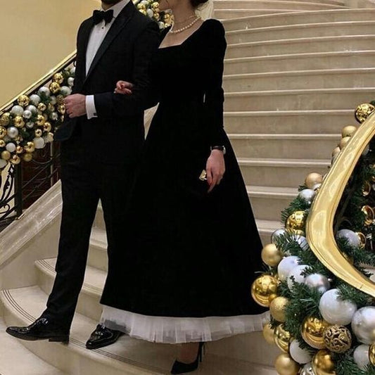 Velvet Square-Neck Long-Sleeve Two-Tone Tiered Floor-Length Prom Dress
