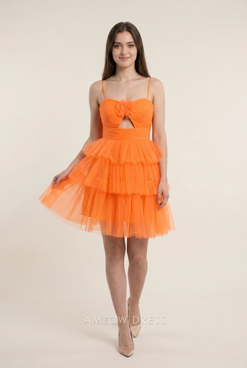 Model wearing a vibrant orange tiered short homecoming dress with a sweetheart neckline and cutout.