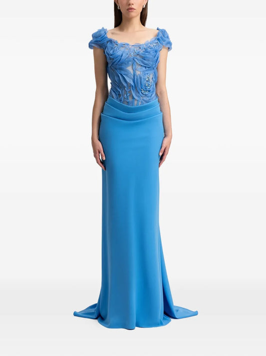 Vibrant Azure Blue 3D Floral Appliqué Prom Dress