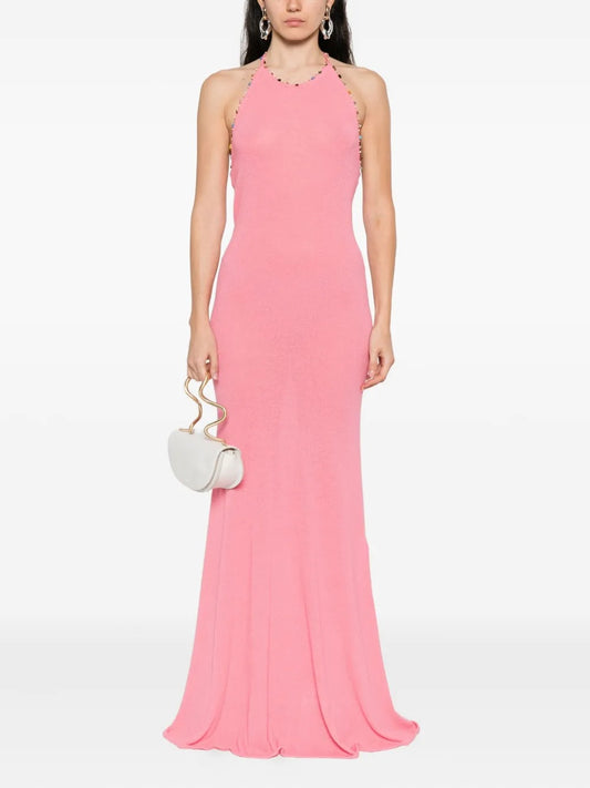 Vibrant Fuchsia Halter Backless Mermaid Maxi Dress
