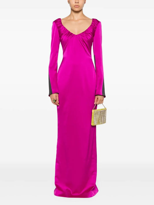 Vibrant Fuchsia Satin V-Neck Contrast-Cuff Maxi Dress
