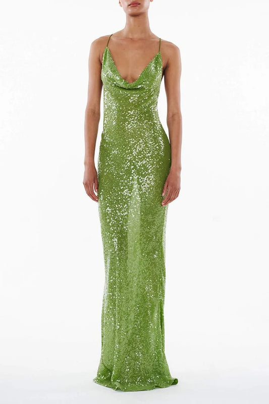 Vibrant Lime Green Sequin Cowl Neck Gown with Cross-Back Straps: Prom Dress