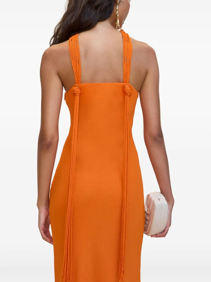 Vibrant Tangerine Halter Neck Satin Maxi Dress