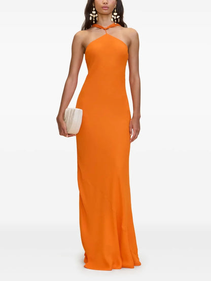 Vibrant Tangerine Halter Neck Satin Maxi Dress