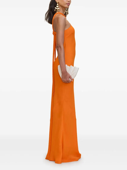 Vibrant Tangerine Halter Neck Satin Maxi Dress