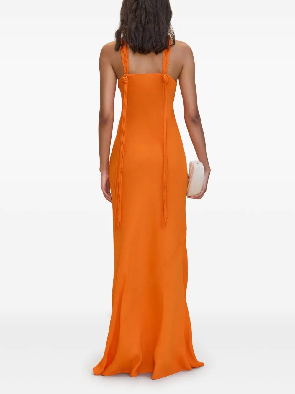 Vibrant Tangerine Halter Neck Satin Maxi Dress