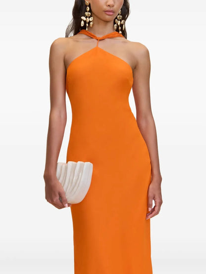 Vibrant Tangerine Halter Neck Satin Maxi Dress