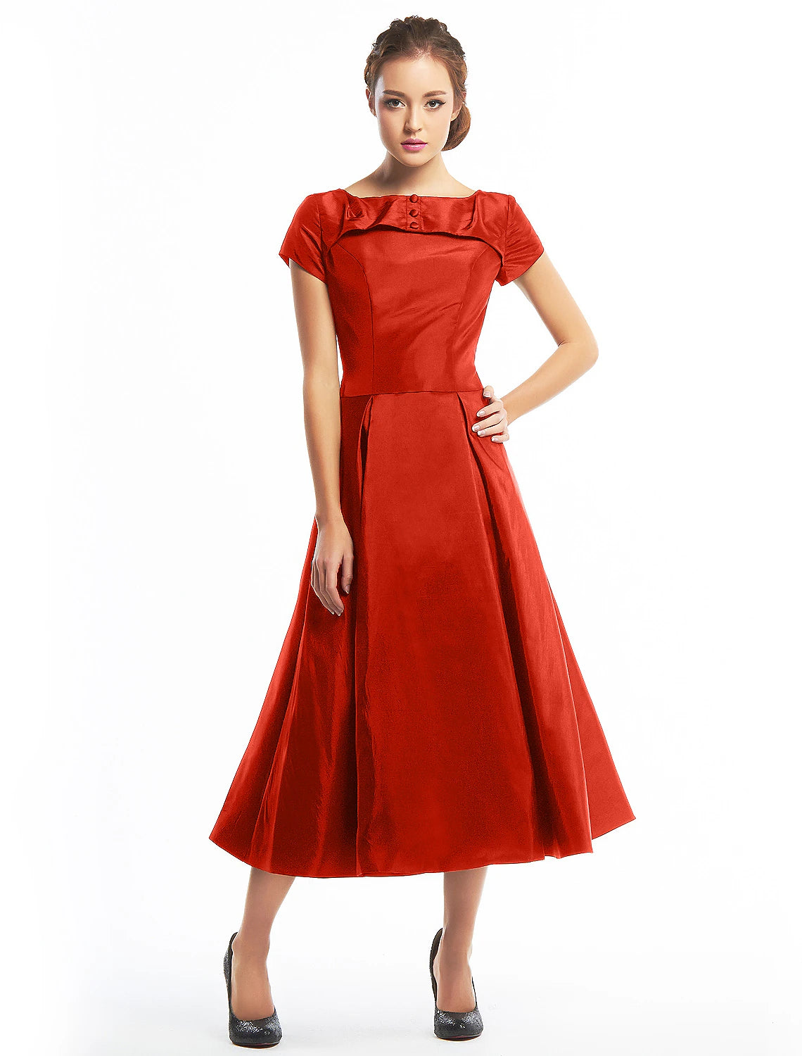 Back view of the vintage A-line dress, featuring button details.