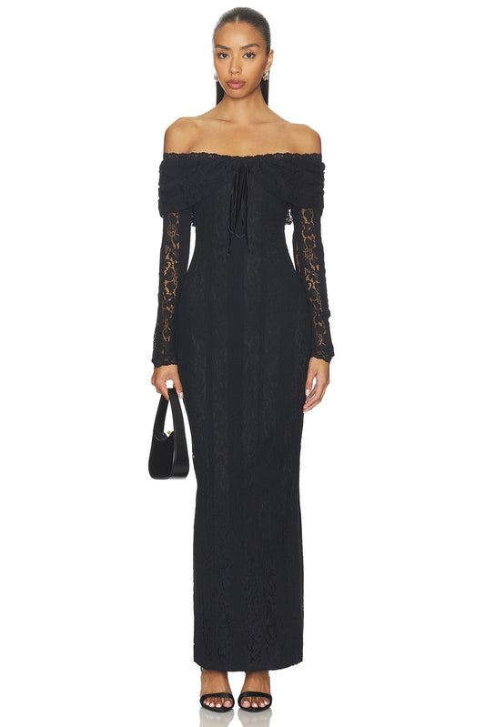 Vintage Black Off-Shoulder Lace Maxi Dress with Long Sleeves: Evening Dresses