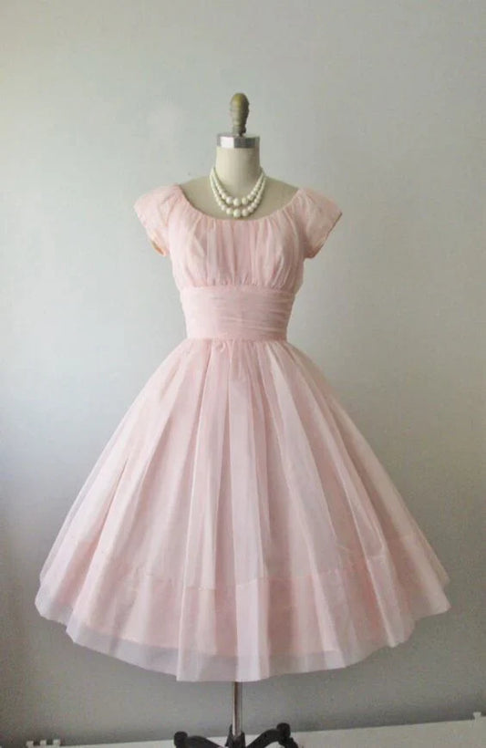Vintage Ruched Square-neck Cap-sleeve Fit-and-flare Mini Prom Dress