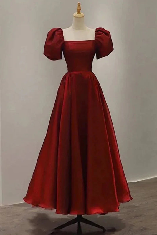 Vintage Satin A-Line Square-Neck Puff-Sleeve Lace-Up-Back Floor-Length Evening Gown